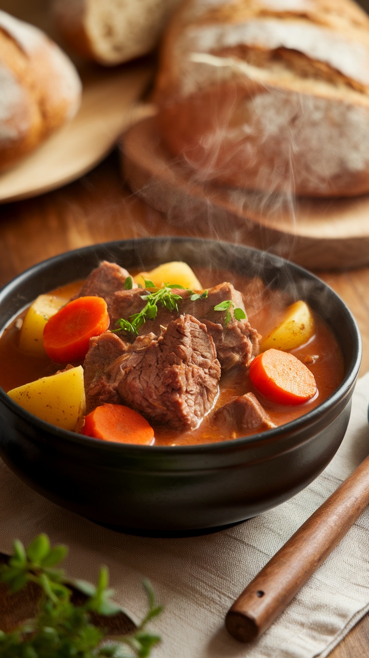 A bowl of beef stew with carrots, potatoes, and herbs, served with bread on a rustic table.